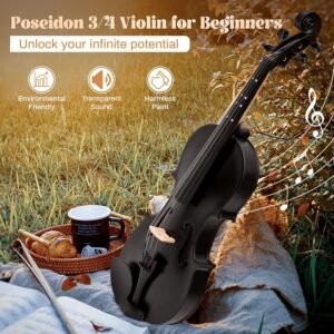 4/4 Violin for Beginner, Poseidon Premium Violin Fiddle Set for Beginners Adult Student w/Case, Extra Violin 4/4 Strings Set, Two Bows, Two Bridges, Two Rosins, Tuner, Manual - Black Polished