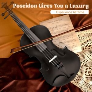 4/4 Violin for Beginner, Poseidon Premium Violin Fiddle Set for Beginners Adult Student w/Case, Extra Violin 4/4 Strings Set, Two Bows, Two Bridges, Two Rosins, Tuner, Manual - Black Polished