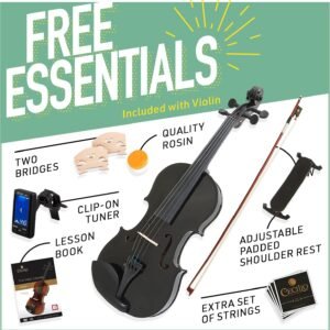 Mendini By Cecilio Violin For Kids & Adults - 4/4 MV Metallic Black Violins, Student or Beginners Kit w/Case, Bow, Extra Strings, Tuner, Lesson Book - Stringed Musical Instruments