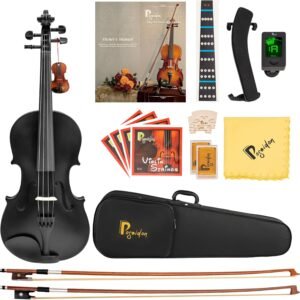 4/4 Violin for Beginner, Poseidon Premium Violin Fiddle Set for Beginners Adult Student w/Case, Extra Violin 4/4 Strings Set, Two Bows, Two Bridges, Two Rosins, Tuner, Manual - Black Polished