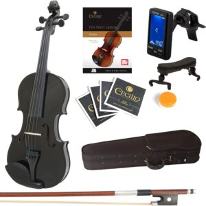 Mendini By Cecilio Violin For Kids & Adults - 4/4 MV Metallic Black Violins, Student or Beginners Kit w/Case, Bow, Extra Strings, Tuner, Lesson Book - Stringed Musical Instruments