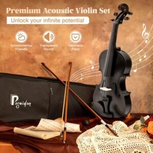 Poseidon Violin for Beginner, Full Size Violin Set for Kids Student with Hard Case, Extra 4/4 Strings Set, Violin Bow, Horse Bridges, Rosin, Shoulder Rest, Clip-on Tuner, Manual - Green Glossy Antique