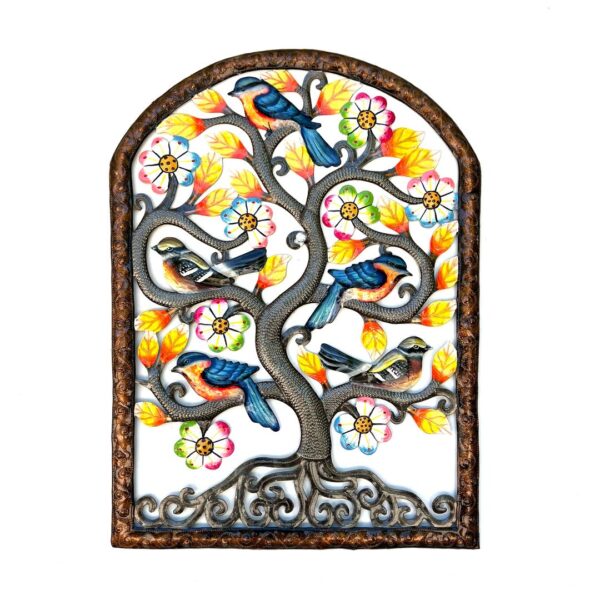 Handmade Haitian Metal Art – Tree of Life with Birds and Blossoms