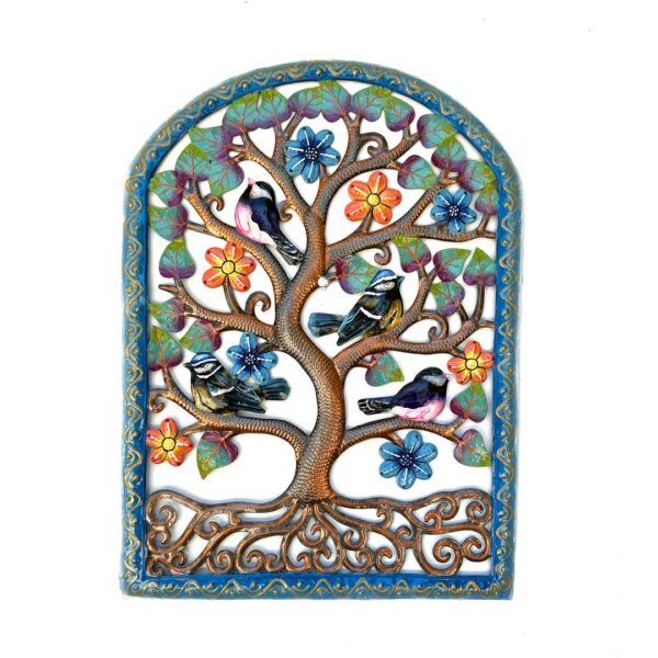 Colorful Haitian Tree of Life Wall Art – Birds and Blossoms, Blue Frame