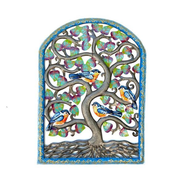 Handcrafted Haitian Tree of Life Wall Art – Blue Border with Birds and Heart-Shaped Leaves