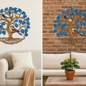 Handmade Tree of Life Metal Wall Art with Blue Leaves and Birds | Haitian Garden & Home Decor