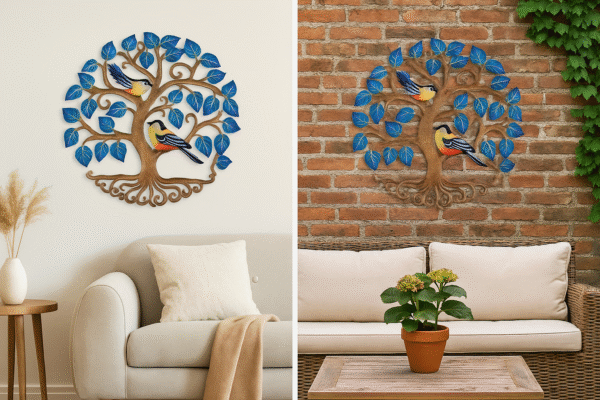 Handmade Tree of Life Metal Wall Art with Blue Leaves and Birds | Haitian Garden & Home Decor - Image 2