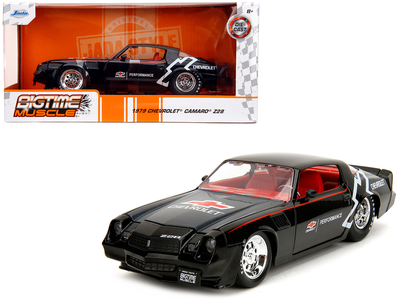 1979 Chevrolet Camaro Z28 "Chevrolet Performance" Black with Carbon Hood and Red Interior "Bigtime Muscle" Series 1/24 Diecast Model Car by Jada - Image 5