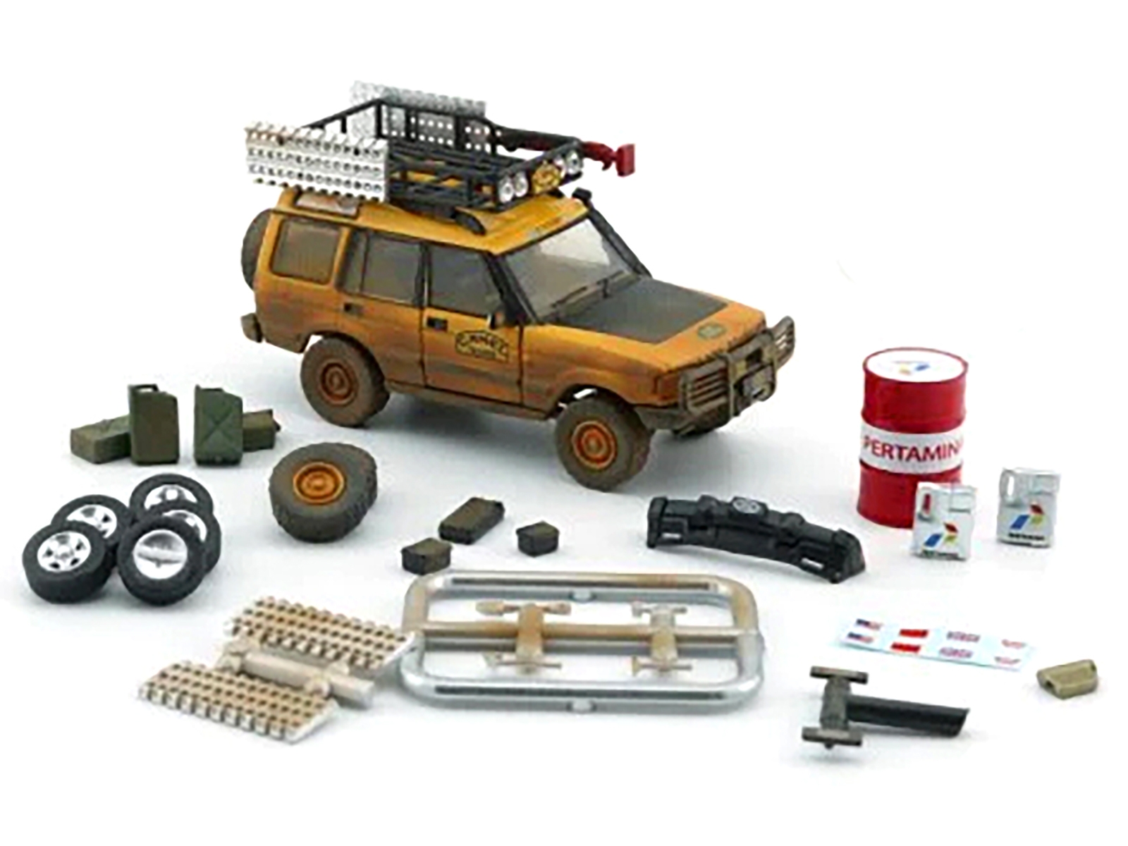 Land Rover Discovery 1 RHD (Right Hand Drive) "Camel Trophy" Yellow (Dirty Mud Version) with Roof Rack Extra Wheels and Accessories Limited Edition to 2016 pieces Worldwide 1/64 Diecast Model Car by BM Creations