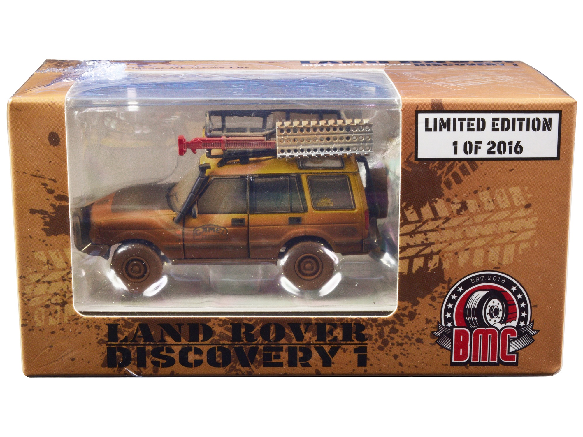 Land Rover Discovery 1 RHD (Right Hand Drive) "Camel Trophy" Yellow (Dirty Mud Version) with Roof Rack Extra Wheels and Accessories Limited Edition to 2016 pieces Worldwide 1/64 Diecast Model Car by BM Creations - Image 2
