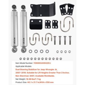 Dual Steering Stabilizer, for 2007-2018 Jeep Wrangler JK, Dual Steering Stabilizer Kit Fits with 2 Inches of Suspension Lift or Higher, Enhanced Control & Reduced Vibration, Easy Installation